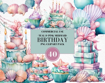 Watercolor Mermaid Birthday Clipart, Watercolor Birthday Clipart, Under The Sea, Birthday Mermaid, Mermaid Clipart, Commercial Use