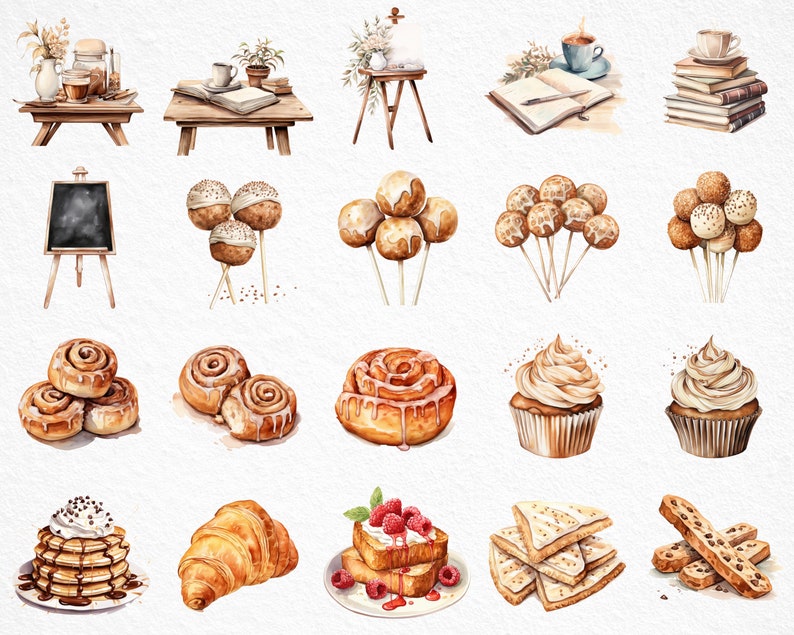 K&ouml;nnte beinhalten: Aquarell-Illustrationen von verschiedenen Backwaren, darunter Zimtschnecken, Cupcakes, Cake Pops und Geb&auml;ck. Die Illustrationen sind im Vintage-Stil mit einem hellbraunen Hintergrund gehalten.
