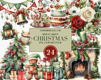 May include: A set of 24 watercolor illustrations featuring Christmas elements in red and green. The set includes a gingerbread man, a Christmas tree, a fireplace, presents, a lantern, a cake, a cup of hot chocolate, and more.