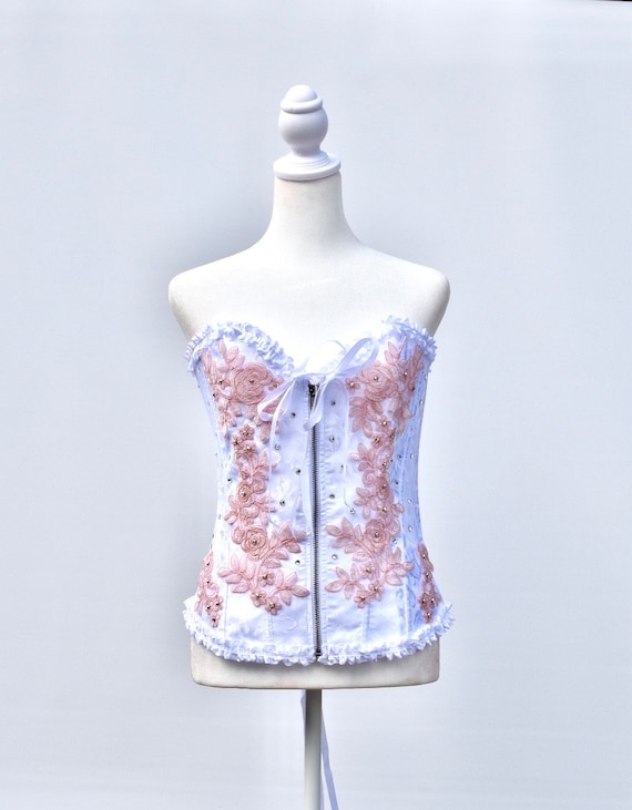 Corset White and Pink Bespoke Corset Burlesque Corset Costume Pink