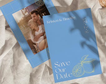 Citrus Save the Date Template: Blue & Yellow Wedding Invitation (Digital Download)