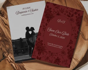 Classic Burgundy Floral Save the Date Template | Instant Canva Download | Fully Editable Wedding Announcement