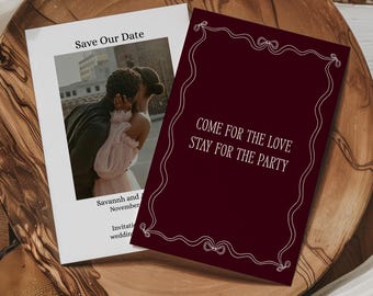 Burgundy Bow Save the Date Template | Modern Wedding (Digital Download)