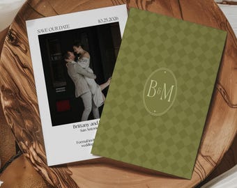 Classic Checkerboard Olive Save the Date Template | Canva Digital Download 5x7 Wedding Invitation