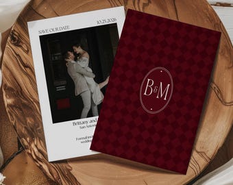 Classic Checkerboard Burgundy Save the Date Template | Canva Digital Download 5x7 Wedding Invitation