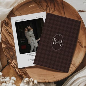 Classic Checkerboard Chocolate Brown Save the Date Template | Canva Digital Download 5x7 Wedding Invitation