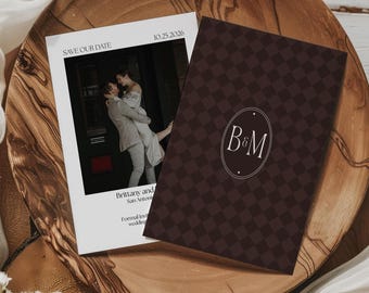 Classic Checkerboard Chocolate Brown Save the Date Template | Canva Digital Download 5x7 Wedding Invitation