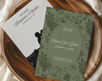 Classic Olive Green Floral Save the Date Template | Canva Digital Download | Fully Editable Wedding Announcement