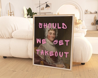 Should We Get Takeout Digital Art Print, Classic Painted Portrait Trendy Wall Decor