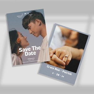 May include: Two wedding announcement cards. One features a couple looking at each other with the words "Save The Date." The other shows hands with a ring. Both cards are grey with the names Greta Mae and Patrick and the date 5-26-24.