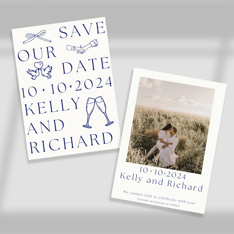 Pode incluir: Cart&atilde;o de guardar a data com uma foto de um casal num campo. O cart&atilde;o diz "Save Our Date 10.10.2024 Kelly and Richard" e "We cannot wait to celebrate with you! Formal invitation to follow."