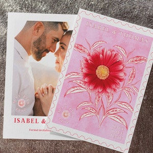 Vintage Floral Stamp Save the Date: Red & Pink (Canva Template)