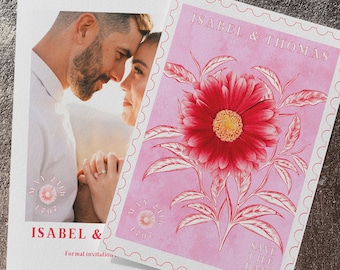 Vintage Floral Stamp Save the Date: Red & Pink (Canva Template)