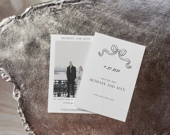 Eenvoudige en elegante strik Save the Date, stijlvolle zwart-wit Save the Date-sjabloon