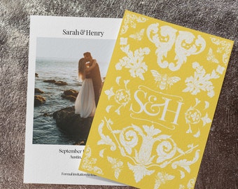 Honey Bee Vintage Save the Date, antiek barok geel Save the Dates Canva-sjabloon