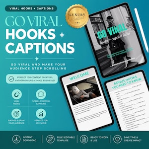 Può includere: Una grafica di marketing digitale con il testo "GO VIRAL HOOKS + CAPTIONS" su sfondo turchese. L'immagine include un sigillo in lamina d'oro, tablet che mostrano contenuti e icone per hook virali, didascalie e altro.