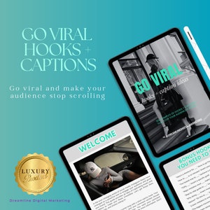 May include: A digital product guide with the title "Go Viral Hooks + Caption Ideas" on a tablet screen. The guide includes tips and examples for creating engaging content on social media. The guide is a luxury product.
