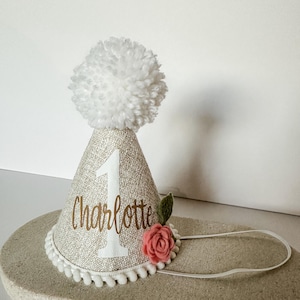 Neutral 1st Birthday Party Hat, Personalized First Birthday Crown, Cake Smash Photo Prop, Floral Girl Party Hat, Age With Name Custom Hat