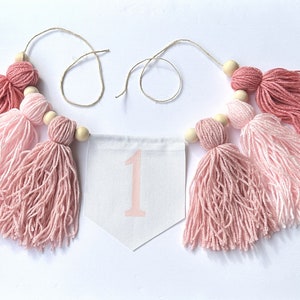Pink First Birthday Cake Smash Highchair Banner with Yarn Tassels, Girl&#39;s 1st Bday Party Decor, Shades of Pink, Blush Customizable Banner