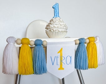 Personalized 1st Birthday Highchair Banner, Customized Yarn Tassel Garland, 1 Party Decor, Cake Smash High Chair Banner, Birthday Photo Prop