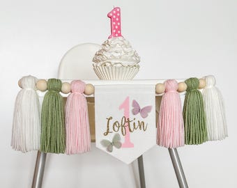 Butterfly First Birthday Highchair Banner, Personalized Tassel Garland, 1st Party Decor, Cake Smash High Chair Banner, Birthday Photo Prop