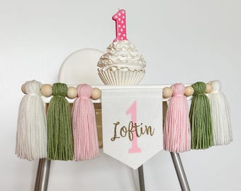 Pink And Sage Green 1st Birthday Highchair Banner, Yarn Tassel Garland, 1st Party Decor, Cake Smash High Chair Banner, Birthday Photo Prop
