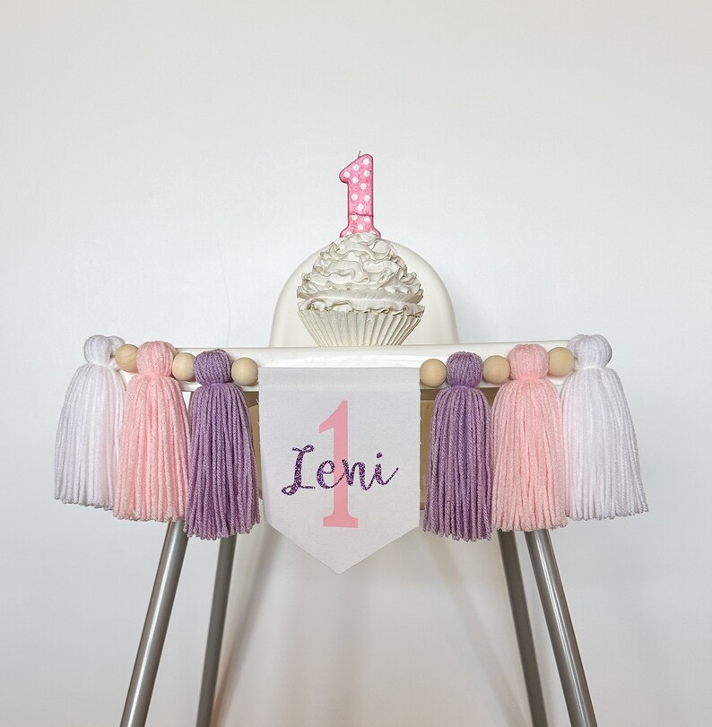 1st Birthday High Chair Banner, Girl Party Decor, Pink and Lavender