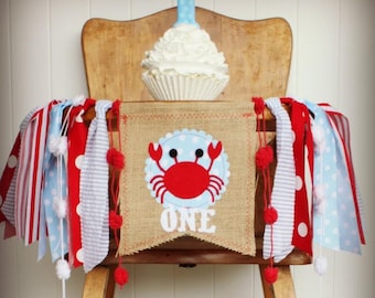 Crab Highchair Banner 1st Birthday Party Decoration One Fabric Garland Skirt Summer Spring Cake Smash Crabbing Under The Sea Party Theme