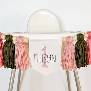 Green And Blush Pink 1st Girl Highchair Banner, Personalized First Birthday, One Custom High Chair Banner, Greenery Banner, Cake Smash Party