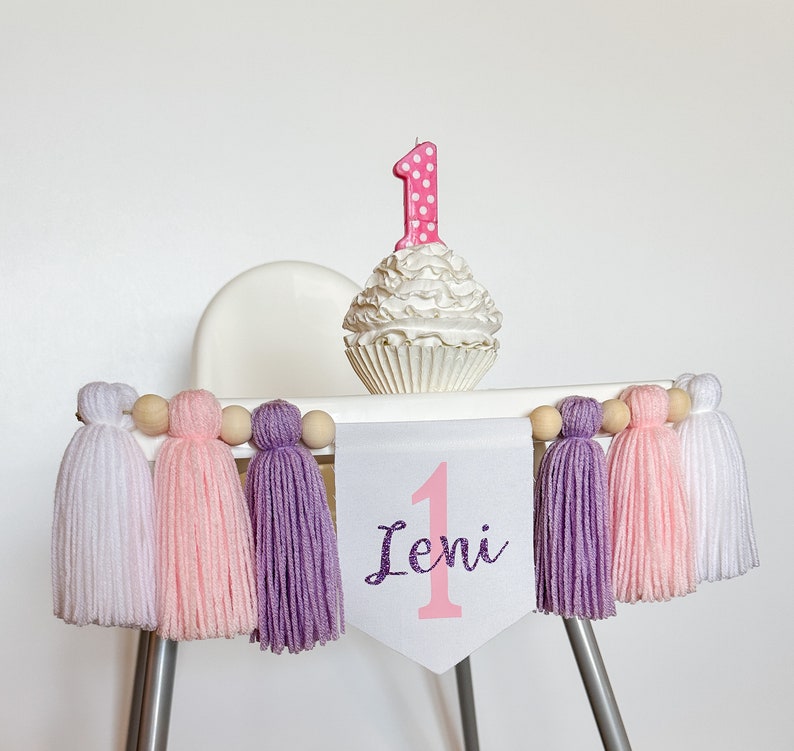 1st Birthday High Chair Banner, Girl Party Decor, Pink and Lavender