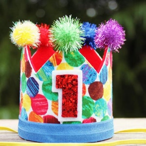 Birthday Crown, First Boys Girls First Birthday Crown, Primary Colors, Circus, Bubbles, Rainbow Custom Fabric Crown