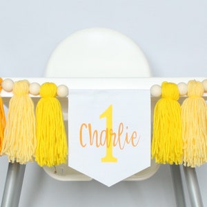 Pancarta amarilla para trona de primer cumpleaños, pancarta con nombre de bebé, decoración para fiesta de primer cumpleaños, tonos amarillos, pancarta personalizable