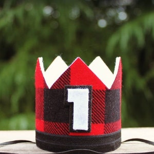 Boy 1st Birthday Crown, First Birthday Photo Prop, Buffalo Plaid Party, Lumberjack Hat, One Happy Camper Fabric Crown, Personalized Gift Hat