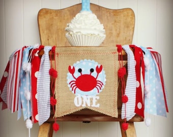 Crab Highchair Banner, 1st Birthday Party Decoration, One Fabric Garland Skirt, Summer Spring Cake Smash, Crabbing Under The Sea Party Theme