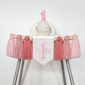 Personalized 1st Birthday Highchair Banner, Customized Pink Tassel Garland, 1 Party Decor, Cake Smash High Chair Banner, Birthday Photo Prop