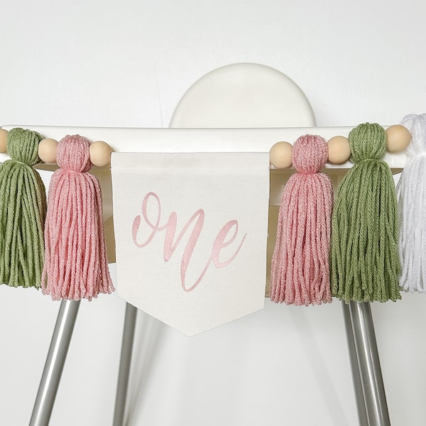 Pink First Birthday Cake Smash Highchair Banner with Yarn Tassels, Girl's 1st Bday Party Decor, Sage Green Theme, Blush Customizable Banner