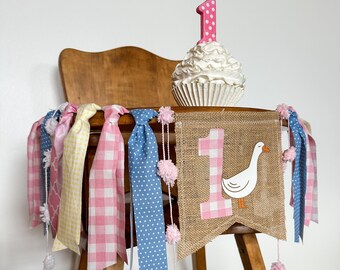 One Silly Goose Highchair Banner, First Birthday Fabric Garland, 1st Party High Chair Skirt, Custom Age Decoration, Personalized Cake Smash