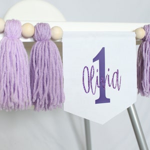 Purple First Birthday Cake Smash Highchair Banner, Baby Name Banner, Girl's 1st Bday Party Decor, Shades of Lavender, Customizable Banner