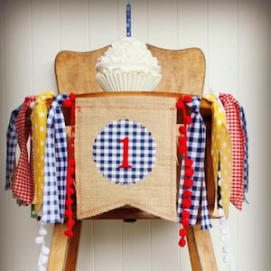 BBQ Picnic Highchair Banner 1st Birthday Party Decoration High Chair First One Summer Picnic Barbeque Gingham Cake Smash Sign Primary Color