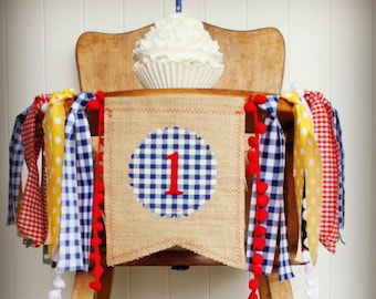 BBQ Picnic Highchair Banner 1st Birthday Party Decoration High Chair First One Summer Picnic Barbeque Gingham Cake Smash Sign Primary Color