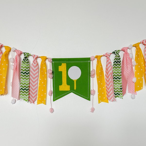 Golf First Birthday Highchair Banner, 1st Party Decoration, High Chair Fabric Garland, Hole In One Girl Partee, Golfing Cake Smash Photo