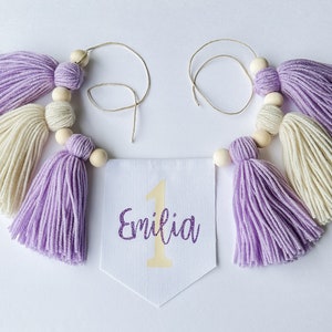 Purple First Birthday Cake Smash Highchair Banner, Baby Name Banner, Girl&#39;s 1st Bday Party Decor, Shades of Lavender, Customizable Banner