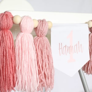 Pink First Birthday Cake Smash Highchair Banner, Baby Name Banner, Girl&#39;s 1st Bday Party Decor, Shades of Pink, Blush Customizable Banner
