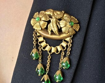 Vintage Brass Floral Dangle Brooch with Emerald Green Glass Drops, Antique Style