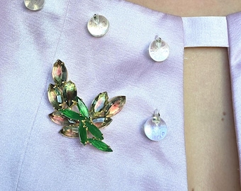 Vintage Watermelon Rhinestone Brooch, Emerald Green Mid Century Floral Spray Pin