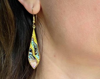 Vintage Nuri Abalone Inlay Dangle Earrings, Gold Tone Neo Deco Geometric Drop Earrings