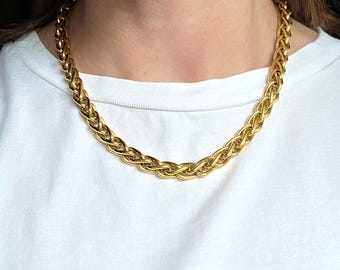 Vintage Woven Link Necklace Monet Gold Tone Chunky Wheat Chain