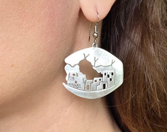 Vintage JJ Southwestern Village Dangle Earrings Silver Tone Landscape Jewelry