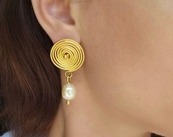 Martha Sturdy Vintage Earrings: Gold Tone Spiral, Faux Pearl Dangle