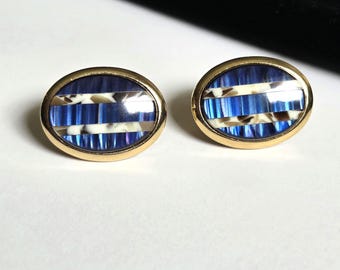 Vintage Blue Iridescent Cufflinks Gold Tone Oval Striped Inlay Formal Men’s Accessory